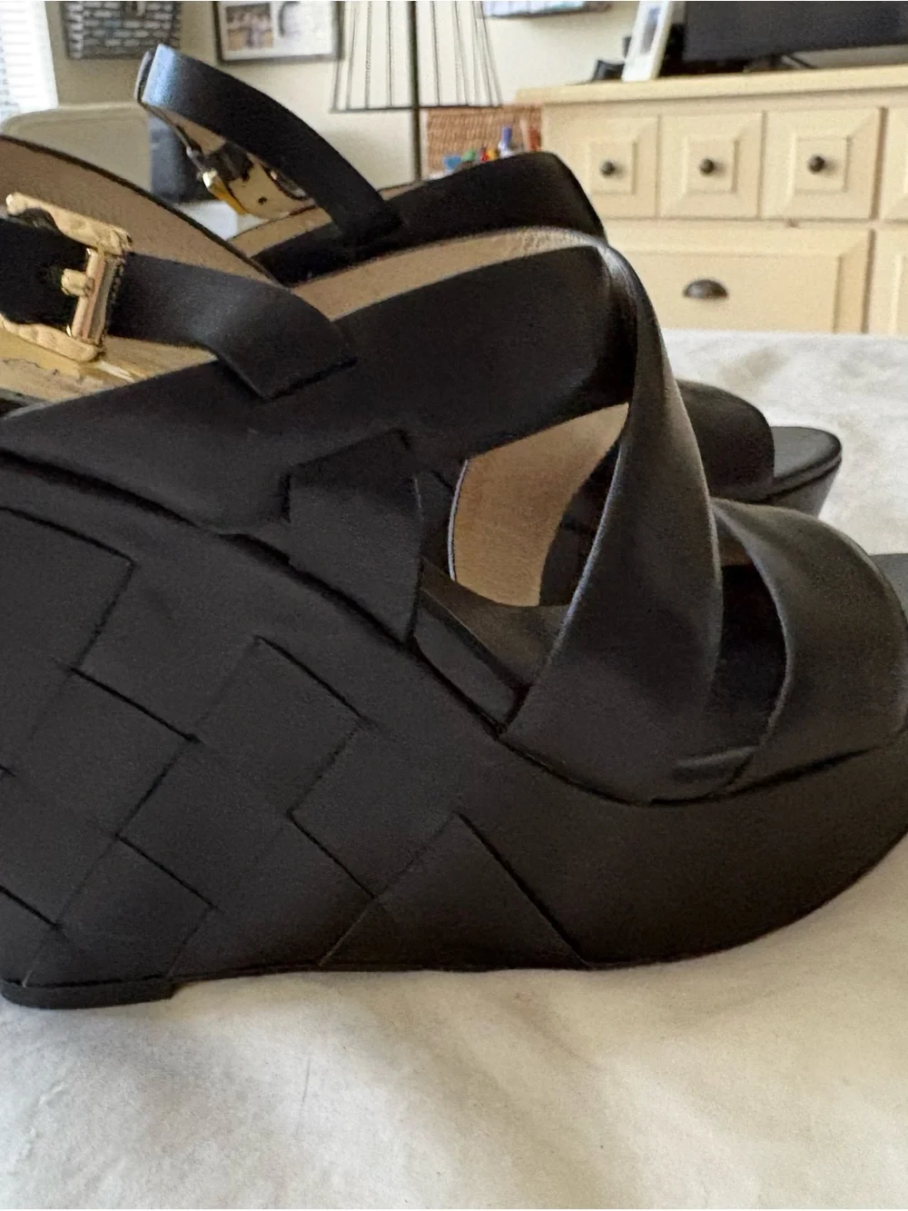 Michael Kors Black Woven Leather Wedge Sandals